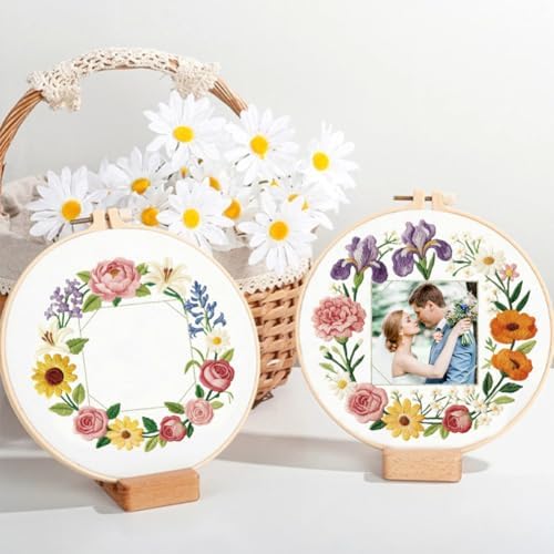 ORIGACH 4 Pack Floral Frame Embroidery Kits for Beginners DIY Starter Hand Embroidery Kit with Floral Wreath Patterns and Instructions for Adults Women Crafting