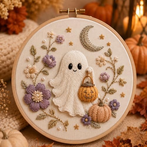 Halloween 3D Embroidery Hoop Decor Cozy Handmade-Style Fall Wall Art (Ghost)