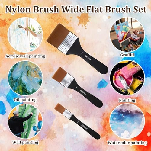 3Pcs Wide Flat Acrylic Paint Brushes for Acrylic Painting Large Nylon Artist Paintbrushes Art Varnish Brush for Oil Watercolor Varnish Canvas Painting
