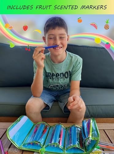 NUMI'SMILE Dinosaur Pencil Case with Fruit Scented Markers Art Set, Dinosaur Gifts for Boys Ages 3 4 5 6 7 8 9 Years and Up, Dinosaur Toys, Dino Coloring Art Supplies, Birthday Boy Present & Kids