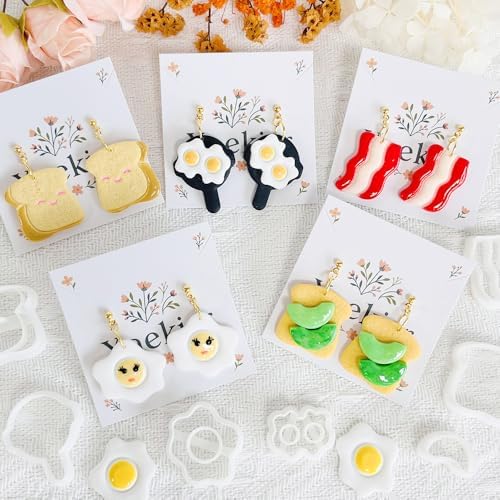 Xaekicr 8Pcs Breakfast Theme Polymer Clay Cutters Set – Toast, Bacon, Egg Shapes | Fun Clay Earring Cutters | Polymer Clay Molds for Jewelry Making | Clay Tools for DIY Crafts