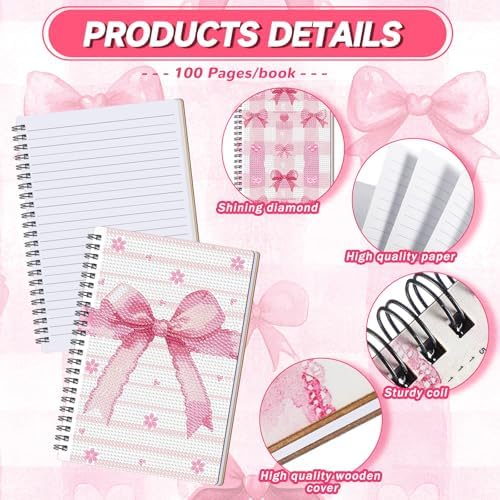 Fullhawl 6 Pack 5D DIY Diamond Art Crafts Kit for Adults Office Supplies Beginner A5 Leather Diamond Painting Gift for Women Art Cover Craft Accessories with Tool (Pink Bow)