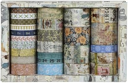 Vintage Washi Tape Set - 24 Rolls Arts Adhesive Tapes Assorted Retro Decorative Masking Tape Sets for Craft, Kids, Scrapbook, DIY, Gift Wrapping (7-Daily Vintage)