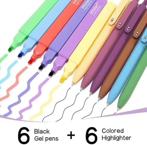 Vitoler Aesthetic Highlighters and 0.5mm Black Gel Pens，12 Pack | Assorted Colors Highlighters for Study, Journaling and Teacher Nurse Gifts