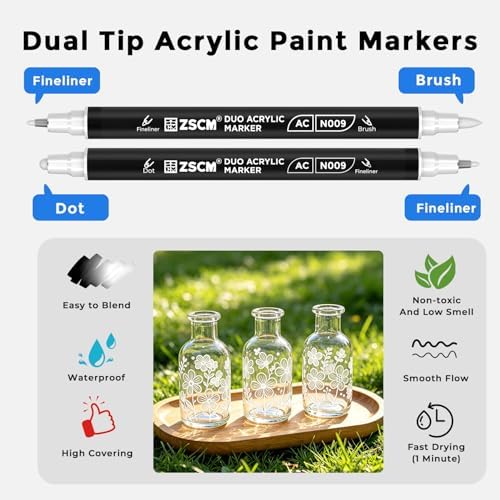 ZSCM 12 White Acrylic Paint Markers, Dual Fine & Brush Tip Acrylic Pens