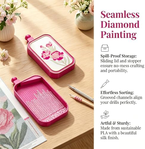 RaySoar 3D Printed Diamond Art Trays with Lids, High Edge Anti-Spill Rhinestone Tray with Exquisite Pattern for Diamond Art Accessories - Hot Pink