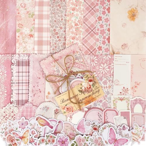 ZUFECY Pink Scrapbook Paper Kit, 100 Pieces, Vintage Floral Theme, for Junk Journal, Card Making, Planner Decor and DIY Crafts