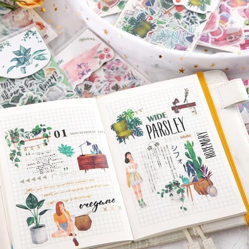Yoksas 320 Pcs Watercolor Washi Stickers - Forest, Flower, Plant Aesthetic Stickers for Scrapbooking, Bullet Journal, Planners, Calendars
