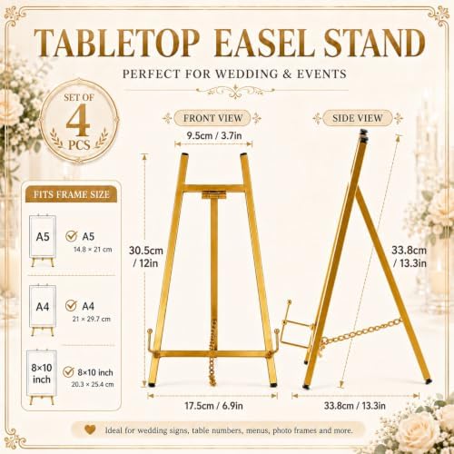 Tudomro 4 Pcs 13.3 Inch Tabletop Gold Easel Stand for Sign Picture