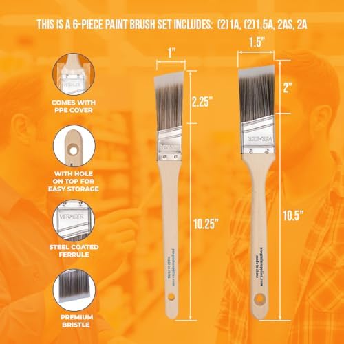 Vermeer Angled Paint Brushes, Assorted Paint Brush Set for Trim, 6 Pc | Interior & exterior | Furniture, cabinets, doors & fences | Latex & oil-based | Medium stiff bristles, softwood handles
