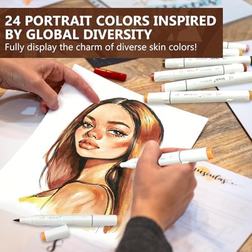 SFAIH Skin Tone Alcohol Markers Brush & Chisel [25 Diverse Portrait Colors] | Soft Reversible Brush Art Markers for Portrait Hair Skin Anime Character, Seamless Blending - Artists/Creators & Refillable