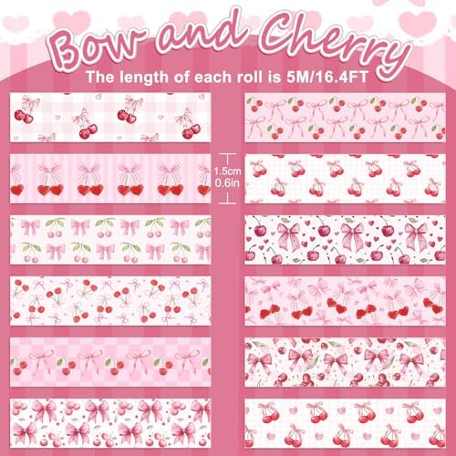 JarThenaAMCS 12 Rolls Pink Bow Washi Tape Cherry Bowknot Decorative Masking Tape Set Coquette Wrapping Paper Tapes for Valentine's Day Scrapbook Journal DIY Art Crafts