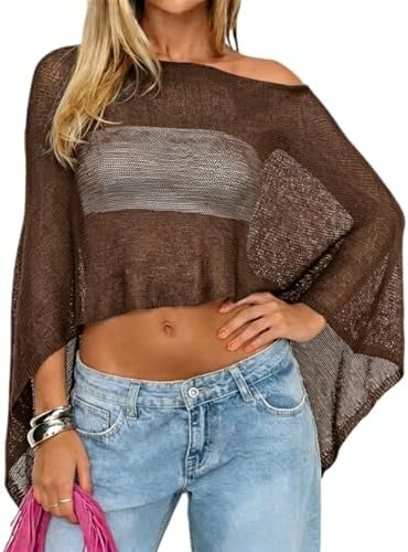 Women Sheer Poncho Top Knit Crochet Irregular Shrug Bolero Shawl Lightweight See Through Beach Cover Up