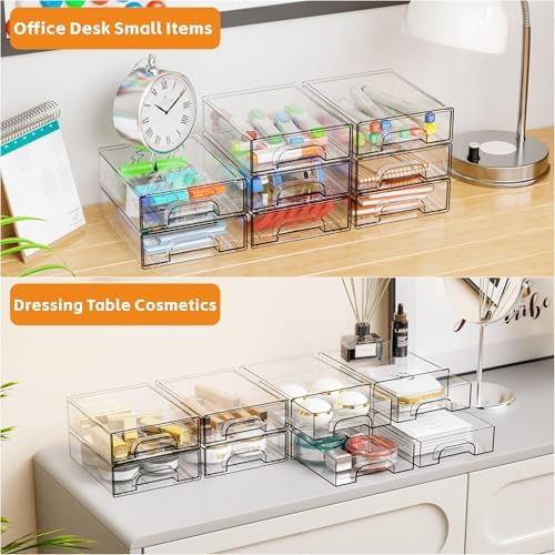Yieach 2.2'' Tall Acrylic Clear Stackable Storage Drawer Organizer,8 Pack Desk Organization and Storage,Plastic Office Supply Organizer,Drawer Storage Organizer for Makeup,Accessory,Pen,Art Crafts