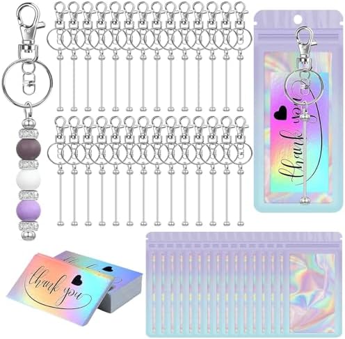 42/84/126 Pcs Beadable Keychain Bars Bulk Blank DIY Beaded Keychain Making Supplies with Bag Thank You Card