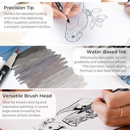 Gray Duo Tip Marker Pens, 12 Fine & Brush Tip Pen For Adult Coloring Books