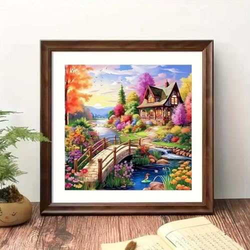 House Diamond Art Painting Kits for Adults,Stream Landscape 5D Round Full Drill Diamond Art Kits for Adults,DIY Flower Diamond Dot Painting Gem Art Kits for Adult,Home Wall Decor 13.79 X 13.79Inch