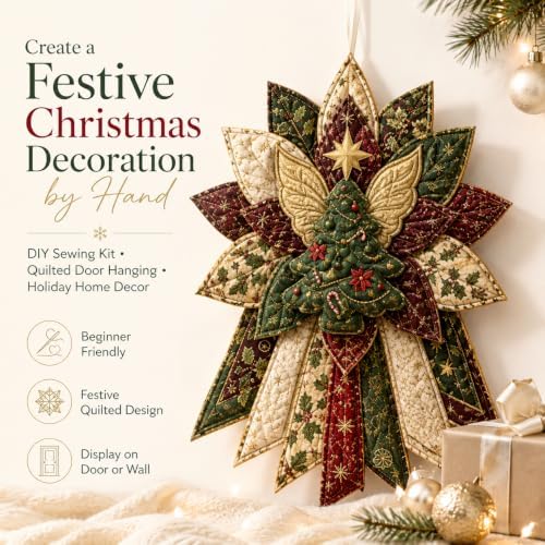 Festive Quilted Christmas Door Hanging DIY Sewing Kit, Christmas Quilted Bow DIY Kit with Fabric, Batting, Thread, Templates & Instructions, Patchwork Hanging Decor Kit for Door Wall Display (C-1)