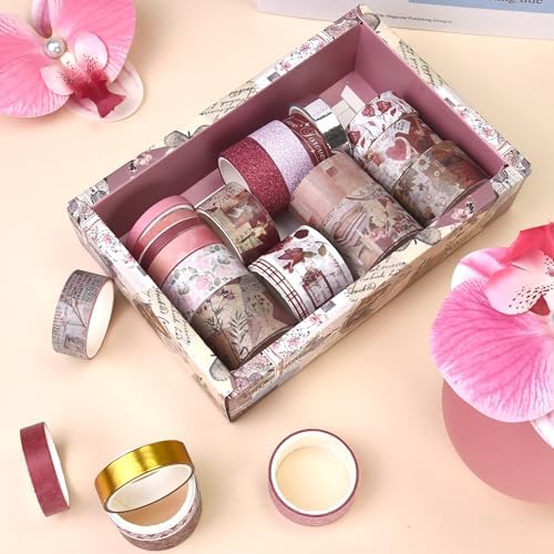 Washi Tape Set, 24 Rolls Red Vintage floral Journaling Supplies,for Christmas Valentine's Day Journaling Supplies Journal Scrapbook Tape, Bullet Journaling Scrapbooking Supplies, DIY Art Decorative