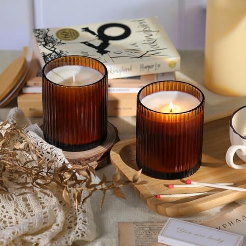 Amber Candle Jars with Lids, 8-Pack 12oz Ribbed Glass Candle Containers
