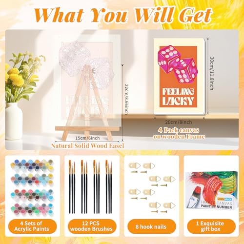 4 Pack Framed Paint by Numbers Kit for Adults, Pink Disco, 8 x 12 Inch | DIY Acrylic Painting by Numbers for Beginners, with Wooden Easel, Party Home Wall Decor, Stress Relief Craft Gift
