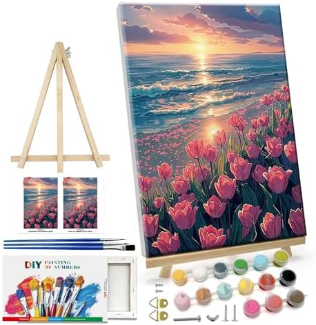 ATDMS Paint by Numbers Kit for Adults with Easel DIY Tulips Adult Paint by Number Kits on Canvas Framed Oil Painting Kits for Wall Hanging Home Room Decor 7.87x11.81 Inch