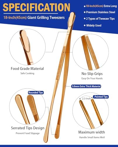 JETKONG 2 Pcs 18 Inch (45cm) Stainless Steel Grill Tongs Heavy Duty Giant Tweezer Tongs, Extra Large Tweezers Tools for Cooking, Grilling, BBQ and Turning Food (Rose Gold)