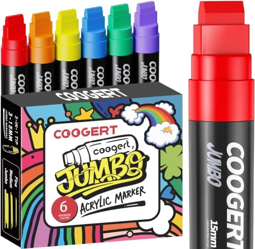Coogert 6 Rainbow Colors Jumbo Poster Markers, 15MM Thick Permanent Acrylic Graffiti Markers, Wide Tip Paint Marker for Canvas, Posters Board, Fabric, Window, Wood,Teachers,Banner painting supplies