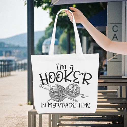 Crochet Knitting Humor Yarn Gifts Canvas Tote Bag, Reusable Grocery Shopping Bags for Crocheters Christmas