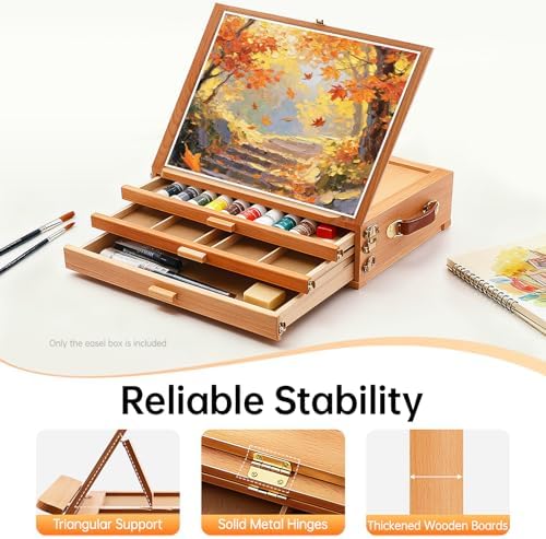 Large Adjustable Tabletop Easel with 3 Storage Drawers & Palette, Portable Solid Beech Wood Sketch Box Art Station for Painting, Desktop Travel Easel for Adults, Artists, Students,Beginners
