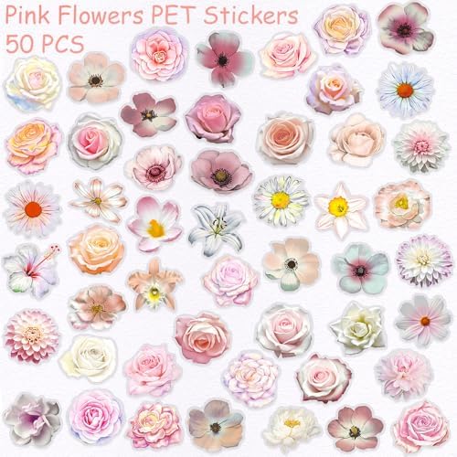 50PCS Pink Flower Stickers – Aesthetic Clear Waterproof Floral Stickers for Scrapbooking, Journaling, Planners, Crafts, Card Making, Art Projects