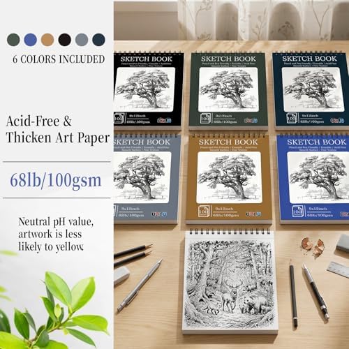 6 Pack Sketch Books Bulk 9x12 Inch Large Top Spiral Bound Sketch Pads 600 Total Sheets 6-Color Sketchbook Set 68lb/100gsm Acid-Free Drawing Paper for Students Beginners Artists Classroom Art Supplies