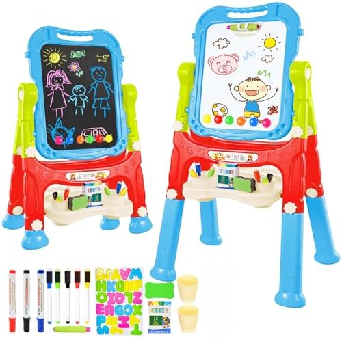 Amagoing Easel for Kids, Adjustable Standing Art Easel for Toddler 2-4, 4 in 1 Double Side Chalkboard Drawing Board with Painting Accessories, Learning Toy Gift for Little Boys Girls Age 3 4 5, Blue