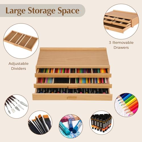 VISWIN Upgraded 3-Drawer Wood Artist Supply Storage Box with Removable Dividers, Premium Beech Wood Art Storage Box, Portable Organizer Box for Paints, Pastels, Pencils, Brushes and Art Supplies