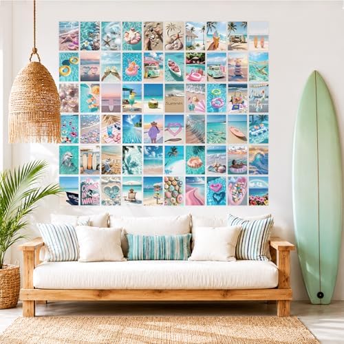 64Pcs Coastal Room Decor, Summer Beach Blue Postcards for Mailing, Beachy Posters Wall Decor for Teen Girls Dorm Bedroom, Beach Photo Collage Kit Blue Ocean Decor, 4x6