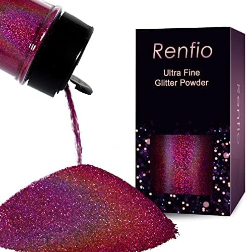 Renfio Holographic Ultra Fine Glitter Powder Metallic Resin Glitter 2.11 Oz (60g) PET Flakes Crafts Sequins 1/128" 0.008" 0.2mm Epoxy Chips Flakes for Tumblers Slime - Laser Deep Pinkish
