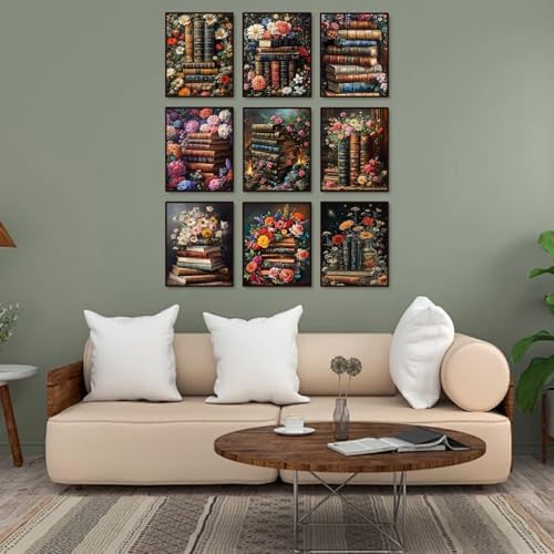 RYMILIE 9 Pack Diamond Art Kits for Adults Vintage Flowers and Books | D Diamond Painting Kit for Beginners, DIY Full Round Drill Gem Art Crafts for Home Wall Decor Gift 12x16inch