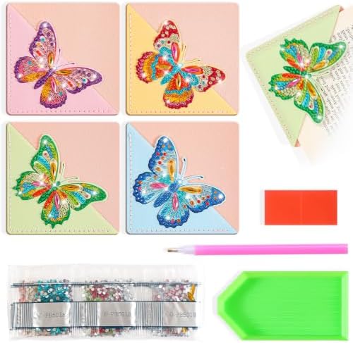 4Pcs Diamond Painting DIY Corner Leather Bookmarks, Handmade Butterfly Diamond Art Bookmark for Adults, Protecting Book Craft Supplies Kits for Girl Women Book Lovers