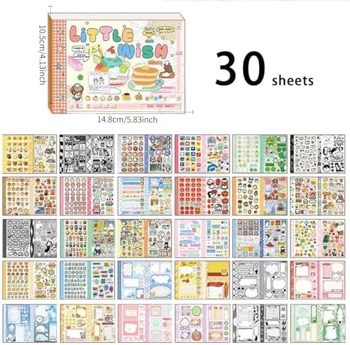 30 Sheets Cartoon Aesthetic Sticker Book - Cute Kawaii Scrapbook Stickers, Adhesive Notes & Memo Pads for Planner, Journal, Photo Album, Water Bottle DIY Crafts (Little Wishes Pink)