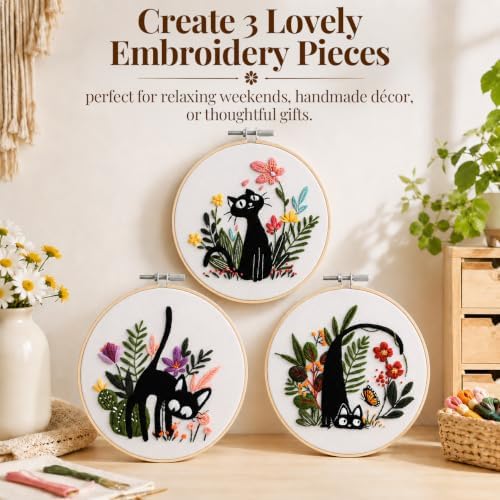 Thinas Embroidery Kit for Beginners Adults, 3 Pack Stamped Cat Cross Stitch Starter Set with Patterns & Video Tutorial, DIY Sewing Craft Supplies for Cat Lovers, Home Decor Gift Idea