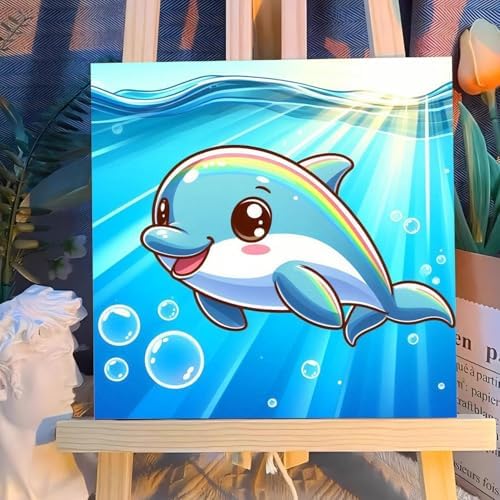 Reivworl Dolphin Paint by Numbers Kit for Kids with Frame 8×8 inch
