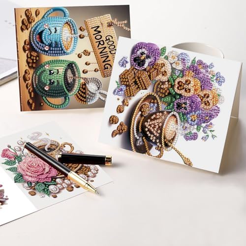 AiYuanzsh 6 Packs Diamond Art Painting Greeting Card Kits with Laser Effect Special Shaped Diamond Art Greeting Cards Arts Crafts for Christmas Birthday Thanksgiving Day Holiday (Coffee, 30x15cm)