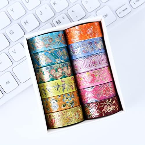 12 Rolls Vintage Washi Tape Set, Gold Foil Decorative Masking Tape for Scrapbooking, Journal, Planner, DIY Crafts, Gift Wrapping