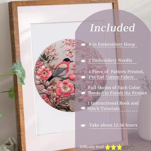 FONNUY Embroidery Kit for Beginners, Hummingbird Flowers Pre-Stamped Pattern Kits for Adults with Hoop, Easy to Follow Color Thread Needlework, 8''Hoop (Pink)