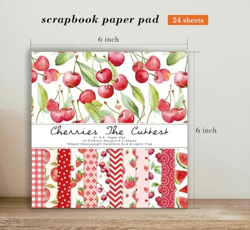 Fruit Scrapbook Paper Pad, 24 Sheets 6 x6 Inch Red Patterned Designed Decorative Decoupage for Card Making Folded Card Supplies Gift Wrapping Planners Journals DIY Crafts Photo Album