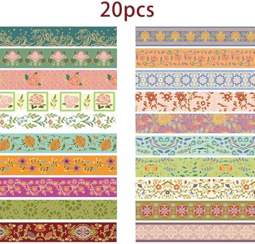 Washi Tape Set 20 Rolls Gold Foil Floral Decorative Tape Vintage Aesthetic Masking Tape for Arts Scrapbooking, Bullet Journaling, DIY Crafts, Planners, Gift Wrapping