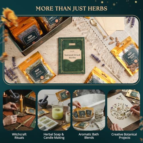 Wyspell 40 Pcs Dried Herbs and Flowers for Witchcraft, Candle & Soap Making | Premium Botanical Collection, Huge Variety, Beautiful Gift Box, Labeled Golden Bags, Bonus Parchment, Spoon & Guide