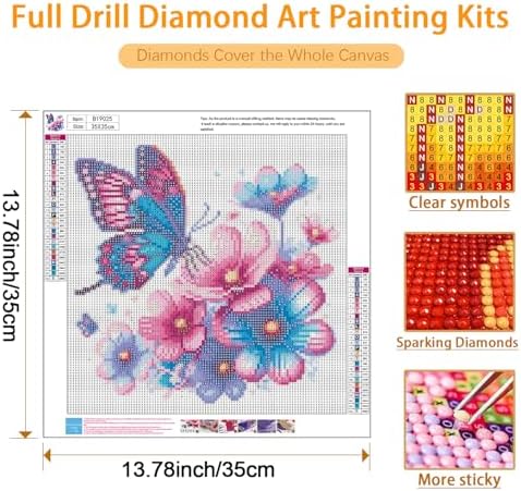 USZDL Butterfly Flower Diamond Art Kits for Adults,Floral 5D Diamond Painting Kits for Beginners,Diamond Dots Round Full Drill Paint with Diamonds Pictures DIY Gem Art Painting Crafts Kits 14x14 inch