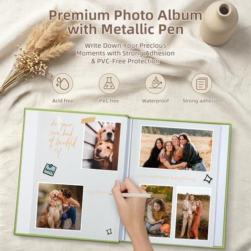 Popotop Photo Album Self Adhesive with Picture Display Window,40 Pages DIY Scrapbooking Supplies Kit for 4x6 8x10 Picture,Linen Cover Memory Book for Baby Wedding, with Scraper and Metallic Pen