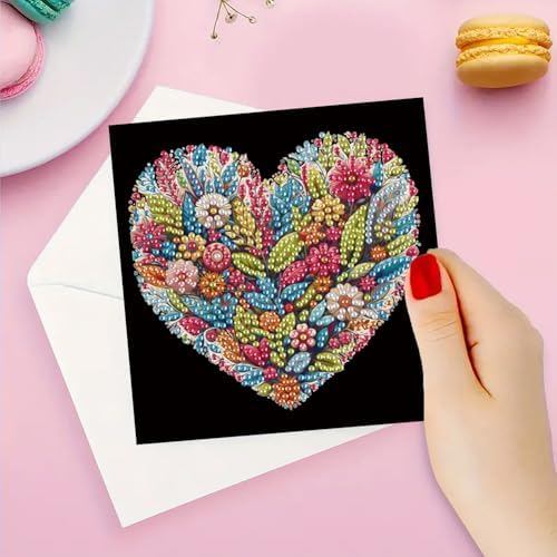 Diamond Art Cards with Envelopes–6PCS DIY Diamond Painting Greeting Cards Kit | Card Making Kit with Bling for Adults & Beginners | Birthday,Holiday & Thank You Cards (Heart Flower)
